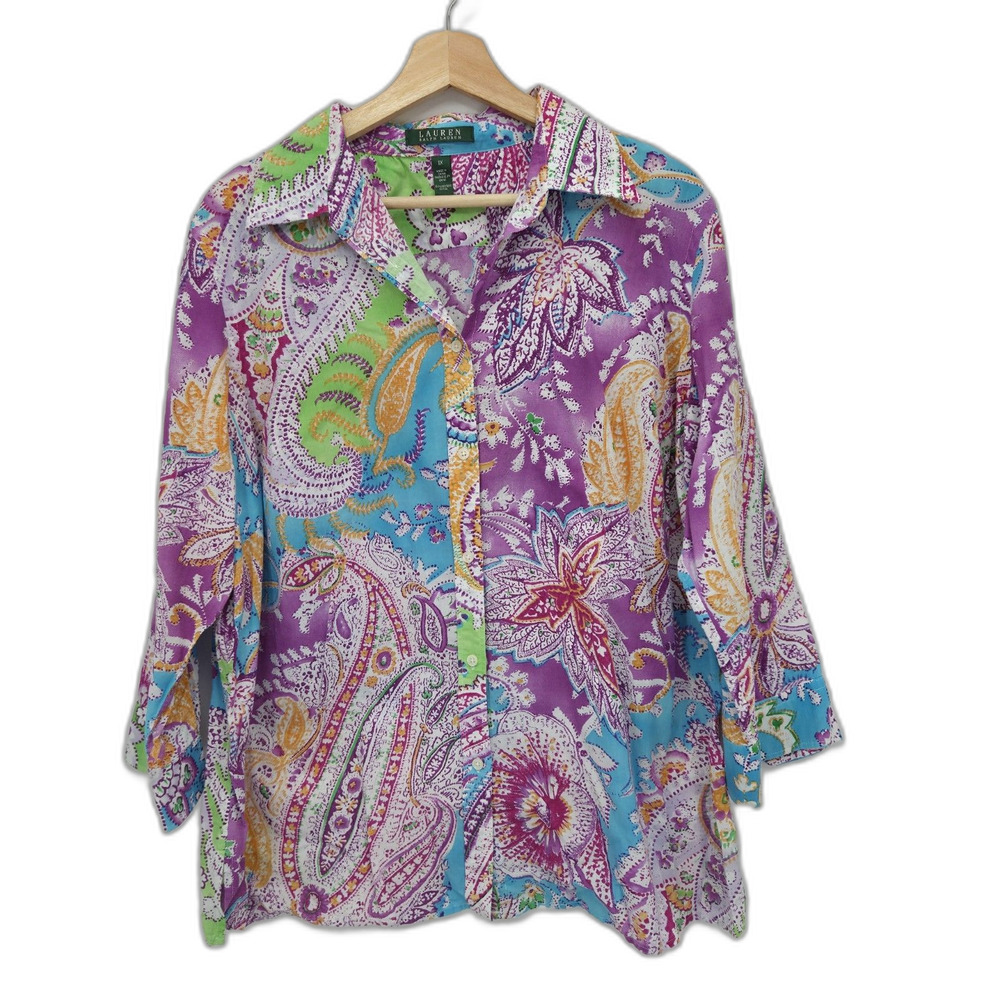 Lauren Ralph Lauren Button Front Shirt Color Floral Paisley 3/4 Sleeves 1X Plus